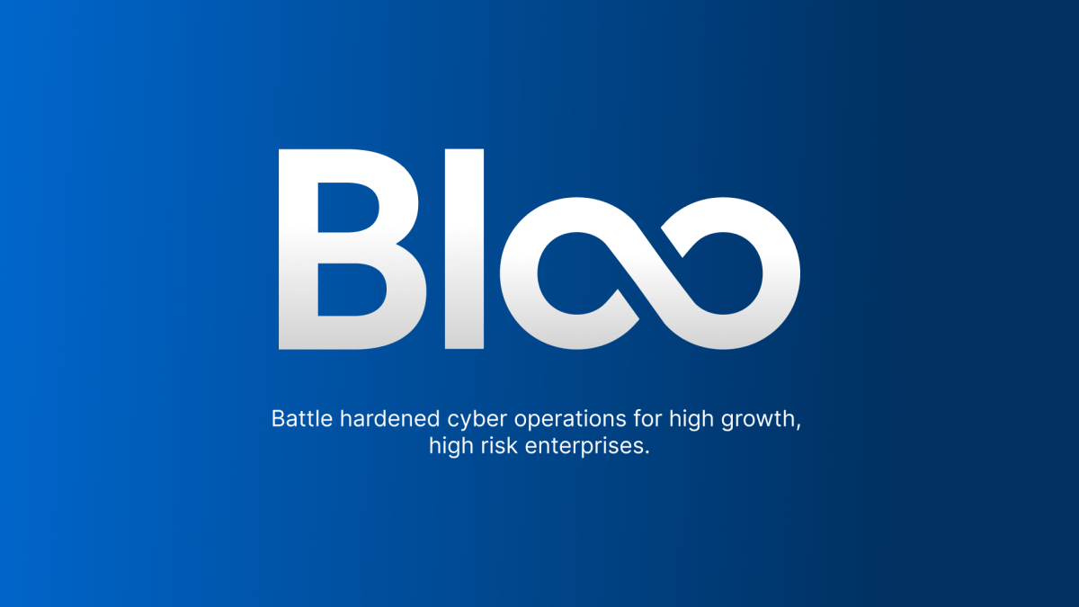 Logo of Bloo featuring the word 'Bloo' in a modern font alongside an infinity symbol. Underneath is the slogan: 'Battle hardened cyber operations for high growth, high risk enterprises.' The background is a gradient of blue.