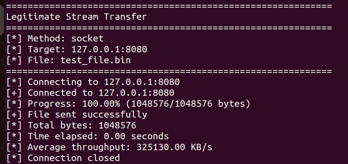 Screenshot of a terminal displaying the output of a file transfer process. It shows a successful transfer of 'test_file.bin' using socket method, with details on target address, connection status, progress, total bytes, time elapsed, and average throughput.