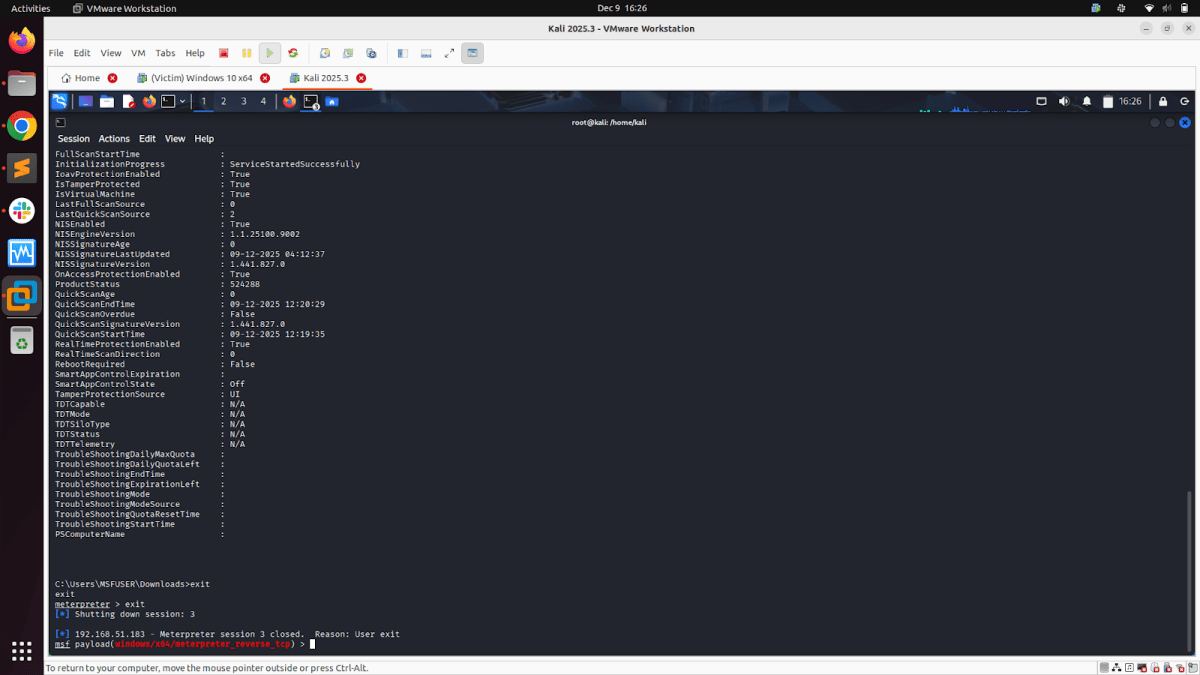 Screenshot of a Kali Linux terminal running on VMware Workstation, displaying system information and logs related to a Windows 10 virtual machine.