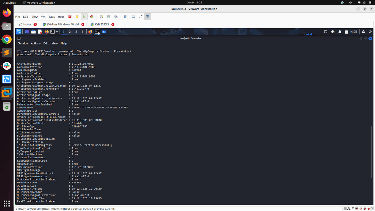 Terminal window displaying PowerShell command 'Get-MpComputerStatus | Format-List' on a Kali Linux virtual machine with various security status details.