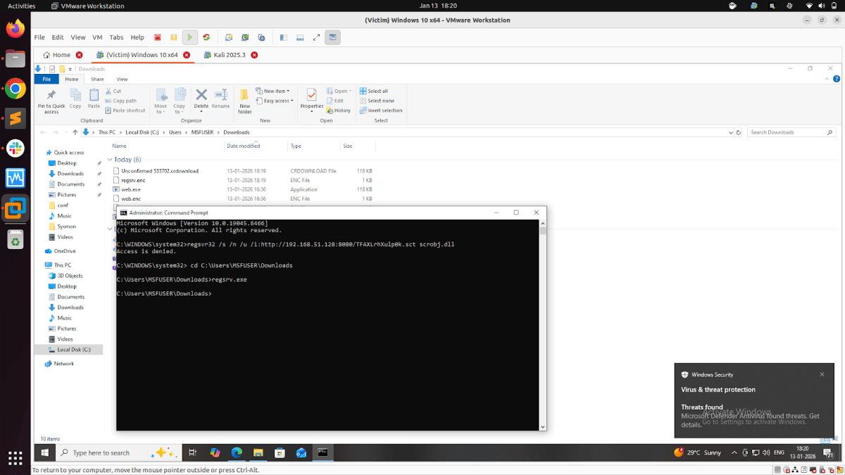 Command prompt window showing a command for accessing a file on a network while a file explorer displays the Downloads folder with various files.