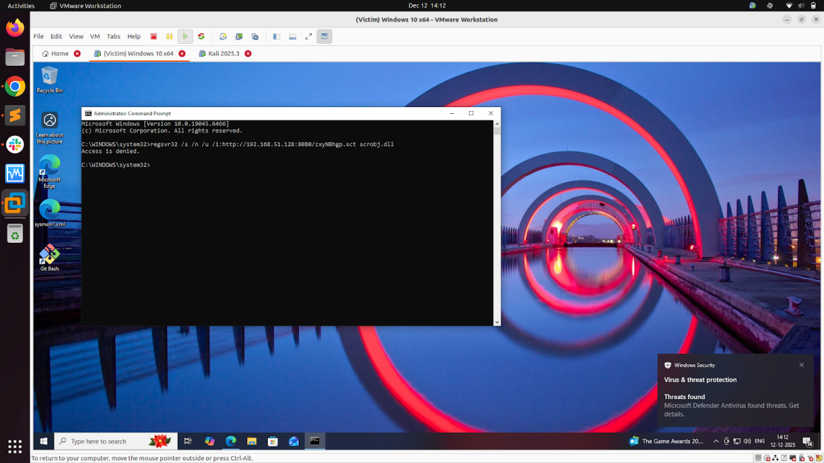 A VMware Workstation screen displaying a Windows 10 virtual machine with an open Command Prompt window showing a command related to remote registry access that returns an 'Access is denied' message, against a backdrop of a vibrant blue and red abstract structure reflecting in water.