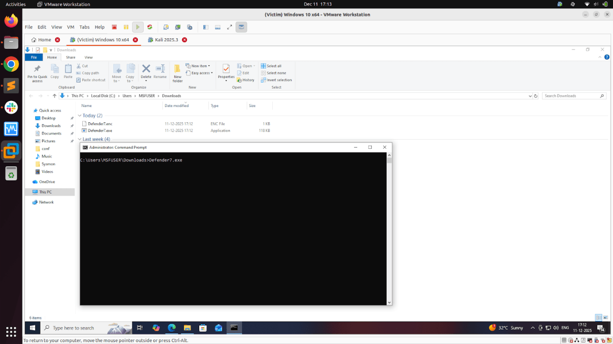 Screenshot of a computer screen displaying the file manager in a virtual machine running Windows 10, with an open command prompt showing a command to execute a file named Defender7.exe located in the Downloads folder.