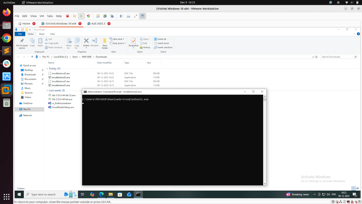 Screenshot of a Windows 10 file explorer showing the Downloads folder with multiple files and an open command prompt running a .exe file.