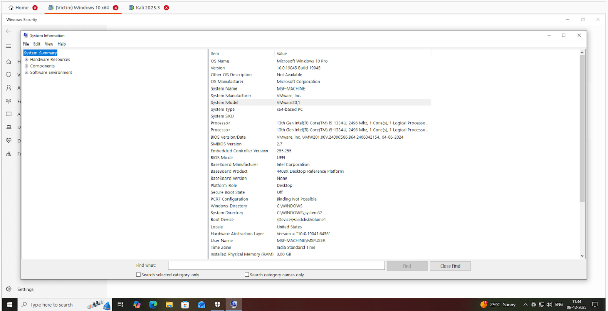 Windows Security System Information showing system summary with details about OS, manufacturer, model, processor, and memory.