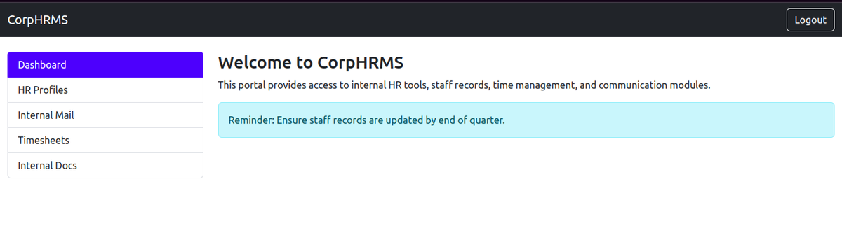 Screenshot of a corporate HR management system dashboard titled 'CorpHRMS' with navigation options for HR Profiles, Internal Mail, Timesheets, and Internal Docs. A reminder message is displayed, emphasizing the need to update staff records by the end of the quarter.