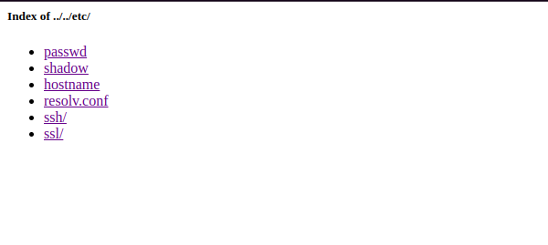 A webpage displaying an index of directories in a Linux file system, including links to 'passwd', 'shadow', 'hostname', 'resolv.conf', 'ssh', and 'ssl'.