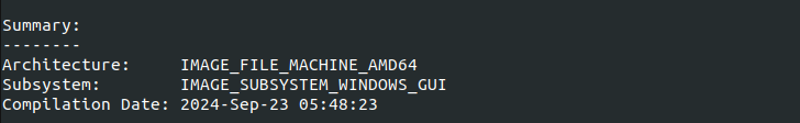 Summary of malware static analysis showing architecture as IMAGE_FILE_MACHINE_AMD64 and compilation date as September 23, 2024.