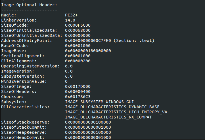 Image showing the optional header details of a PE32+ executable file, including properties like linker version, size of code, entry point address, and operating system version.