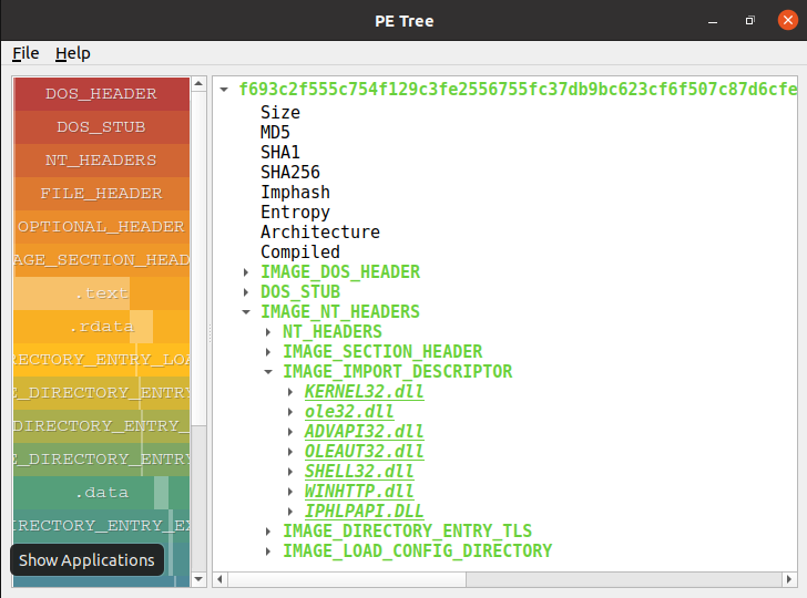 A screenshot of a PE Tree tool displaying the structure of a Portable Executable (PE) file, including headers and imported Dynamic-Link Libraries (DLLs) such as KERNEL32.dll, WinHTTP.dll, and IPHLPAPI.dll.