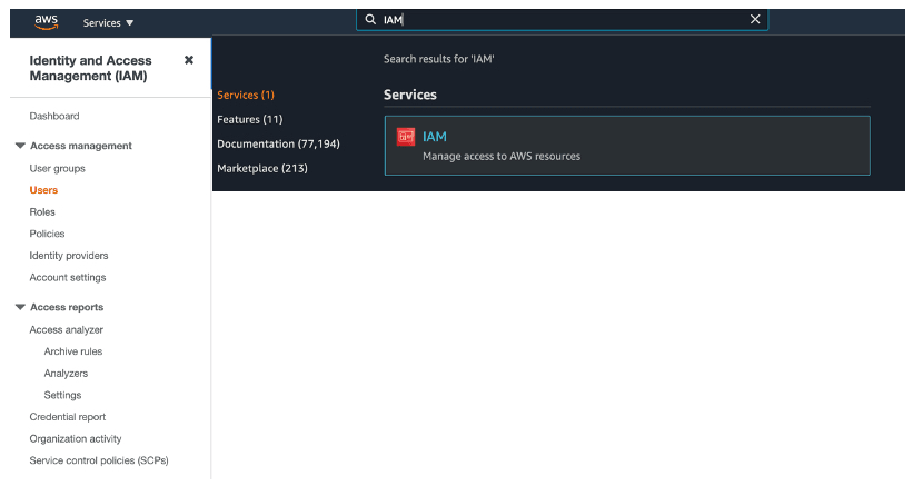 Screenshot showing in the search bar, type IAM and select the IAM service.