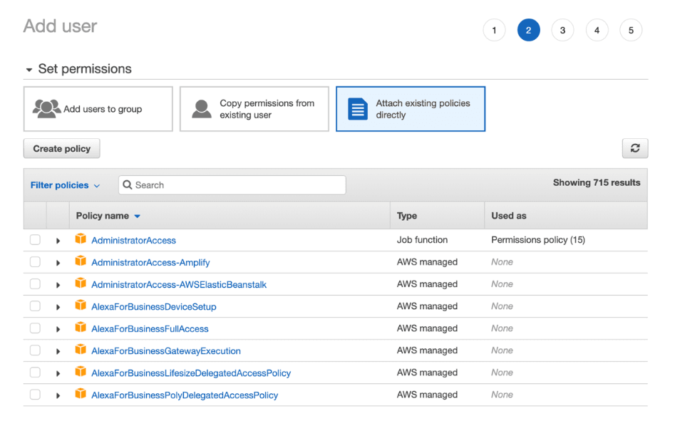 Screenshot showing on the Set permissions page, select Attach policies directly, then click Create policy.