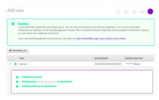 Screenshot showing copy the Access Key ID and Secret Access Key shown on the confirmation screen.