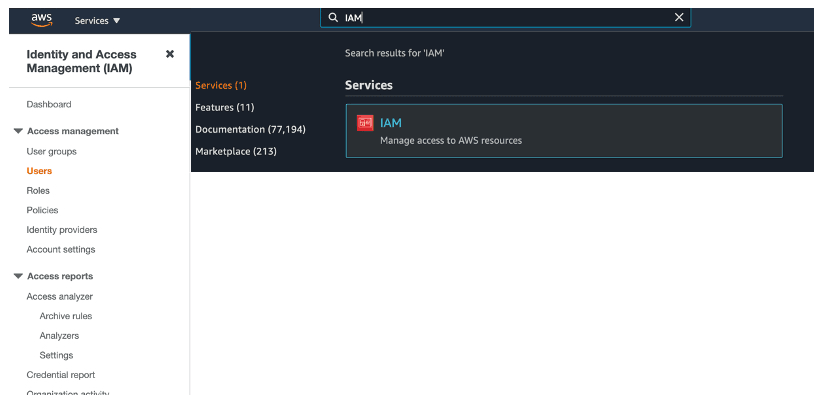 Screenshot showing in the search bar, type IAM and select the IAM service.