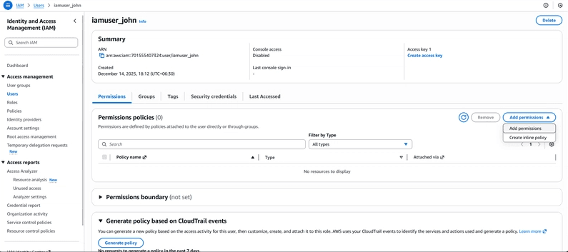 Screenshot showing on the Set permissions page, select Attach policies directly.