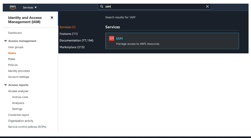 Screenshot showing in the search bar, type IAM and select the IAM service.