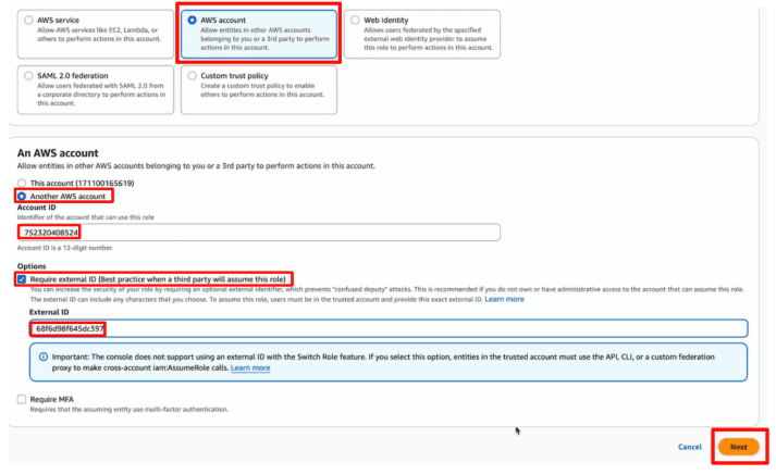 Screenshot showing on the Select trusted entity page, select Another AWS account.