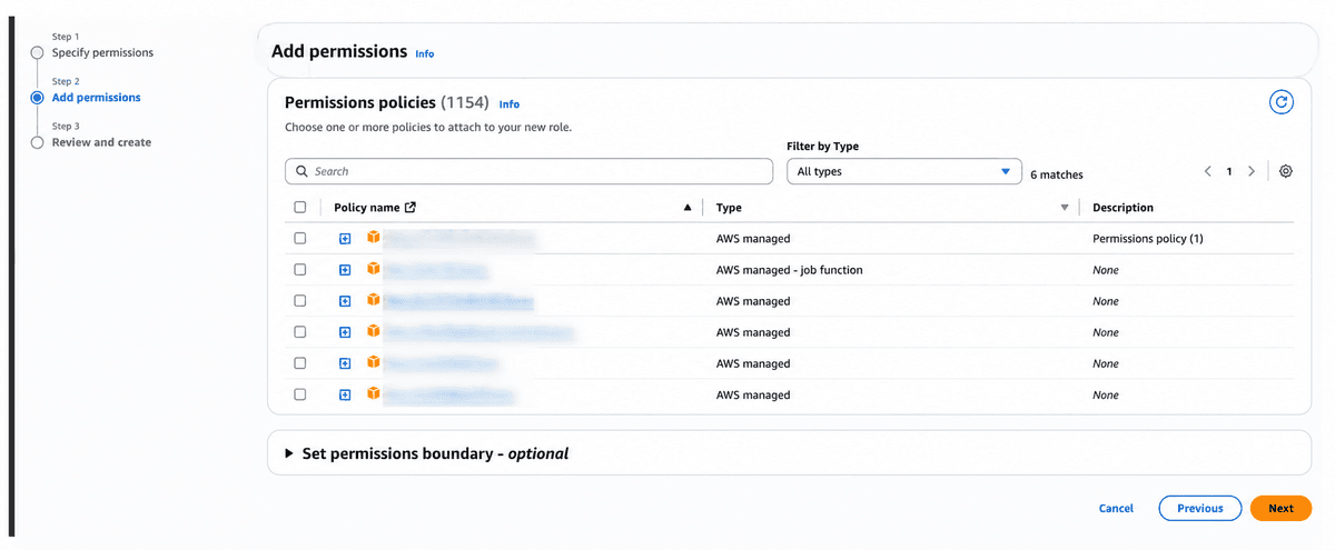Screenshot showing the Add permissions page where you search for and select the policy you just created.