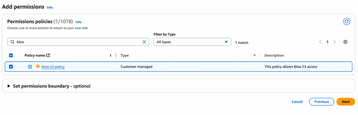 Screenshot showing the selected policy checked in the Add permissions page.