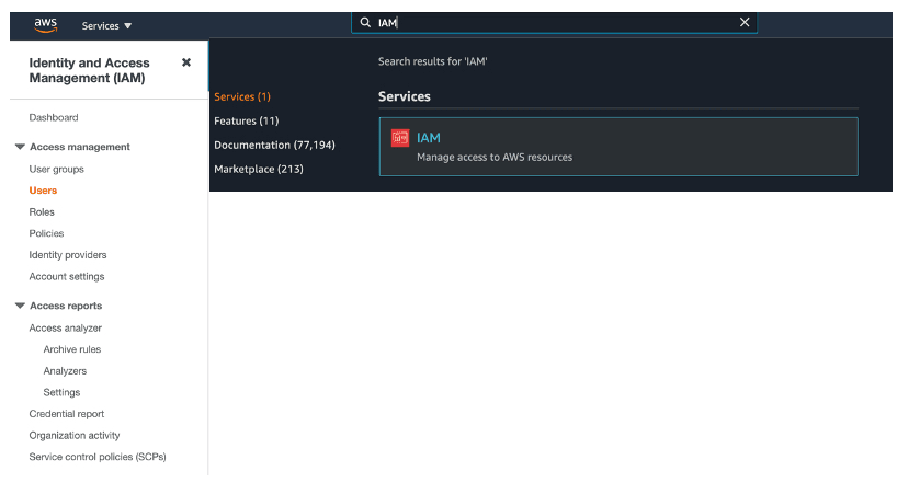 Screenshot showing in the search bar, type IAM and select the IAM service.