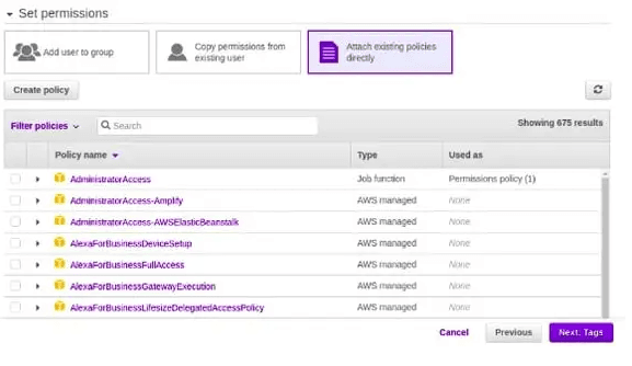 Screenshot showing on the Set permissions page, select Attach policies directly, then click Create policy.
