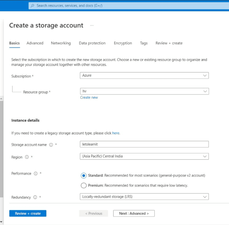 Screenshot showing on the Basics tab, fill in the required information for your storage account.