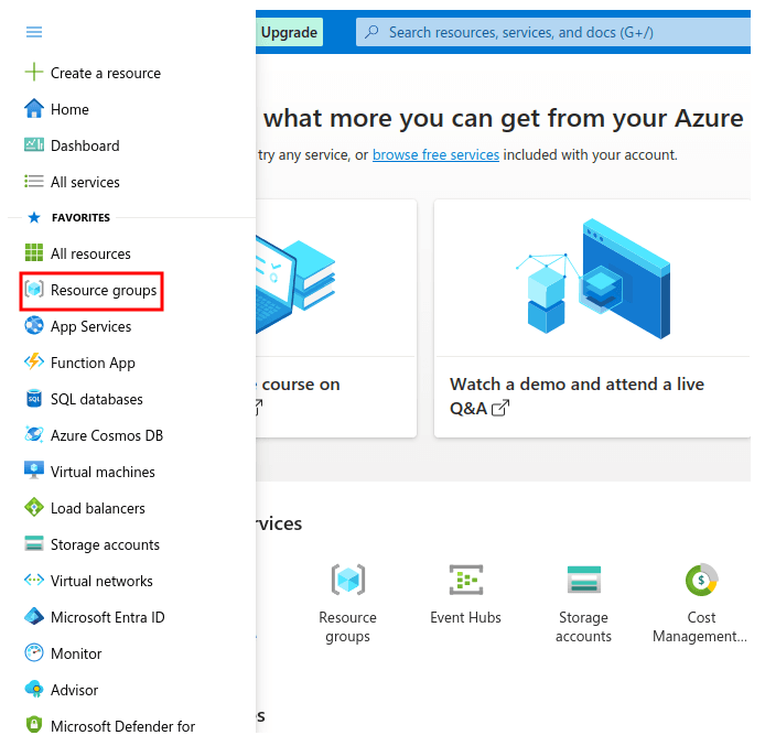 Screenshot showing in the left navigation, select Resource groups then click +Create.
