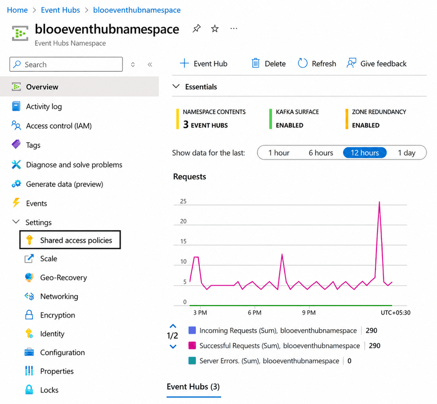 Screenshot showing in the left menu of your namespace, click Shared access policies.