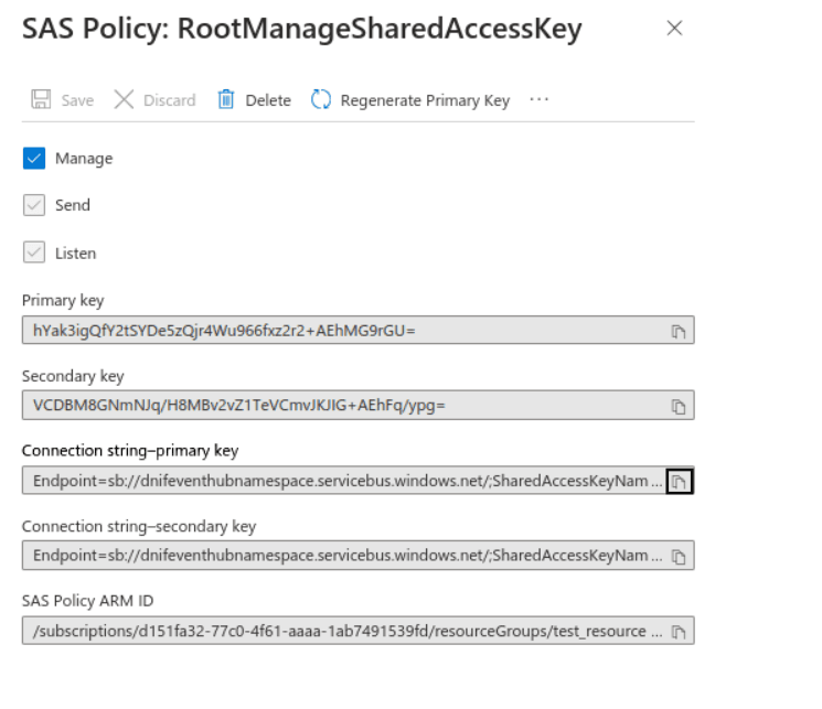 Screenshot showing click the copy icon next to the Connection string-primary key field.