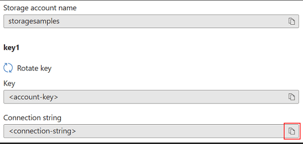Screenshot showing under key1, click the copy icon next to the Connection string field.