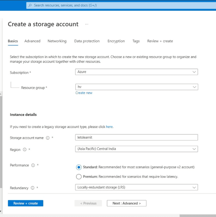 Screenshot showing on the Basics tab, provide the essential information for your storage account.
