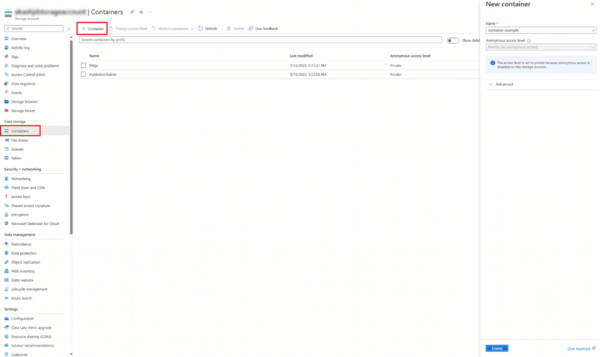 Screenshot showing select the +Container button.
