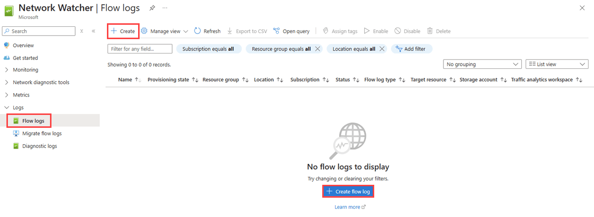 Screenshot showing under Logs, select NSG flow logs.