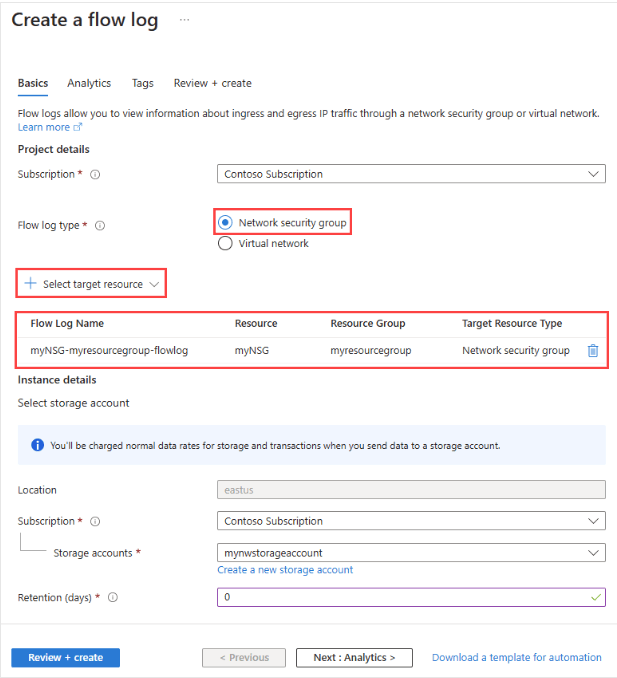 Screenshot showing the flow log configuration form with Flow Logs Version set to Version 2.