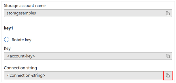 Screenshot showing under key1, click the copy icon next to the Connection string field.