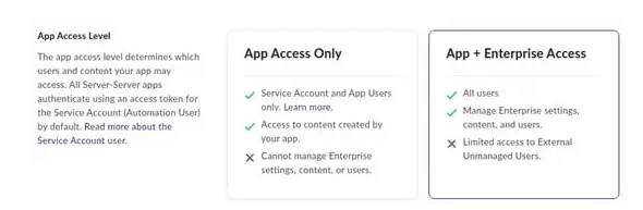 Screenshot showing in the same Configuration tab, change the App access level to App Access + Enterprise Access.