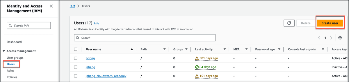 Screenshot showing in the left navigation pane, choose Users, then click Create users.